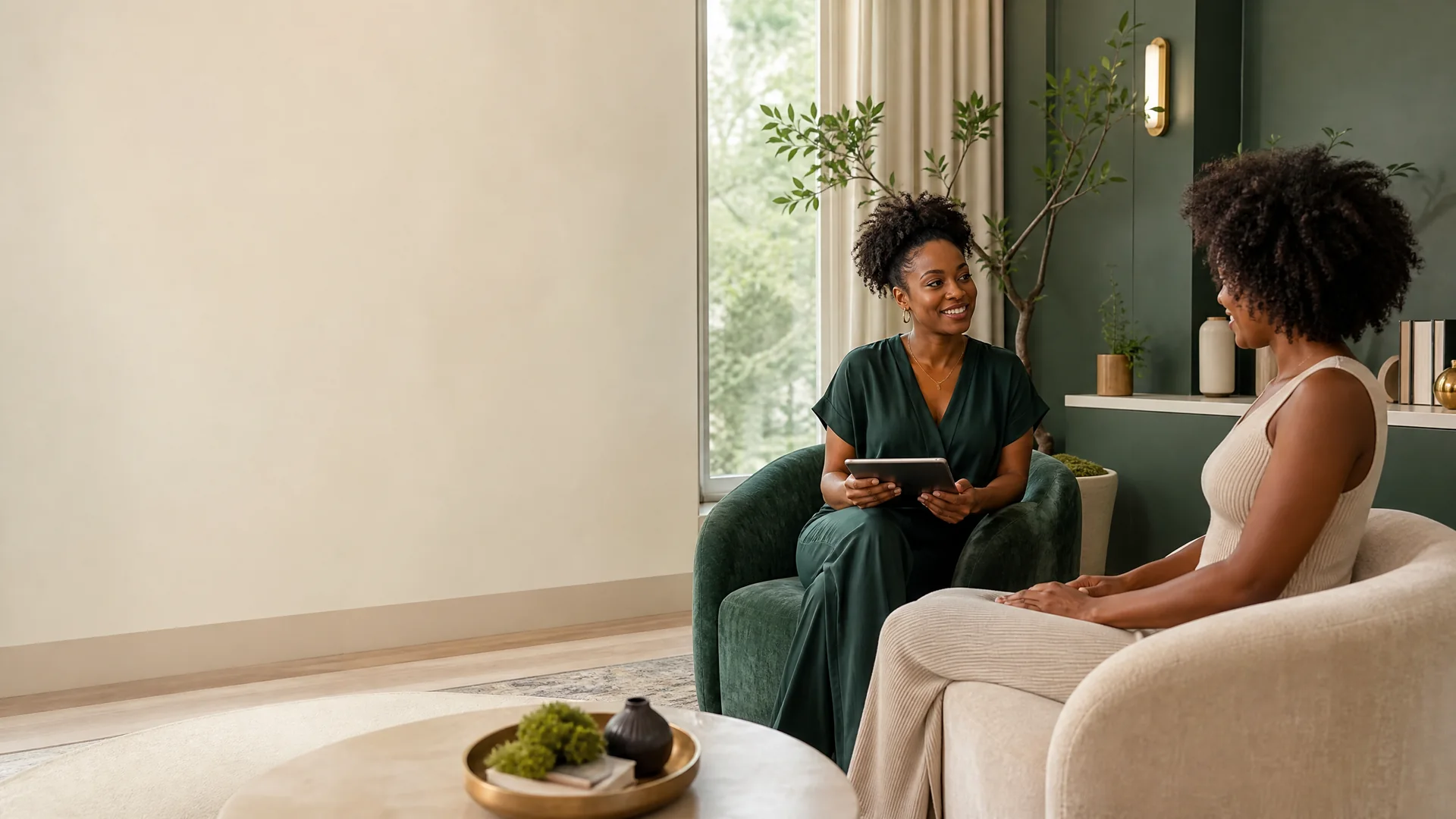 Two women sharing a welcoming conversation in a warm, green and cream lounge.