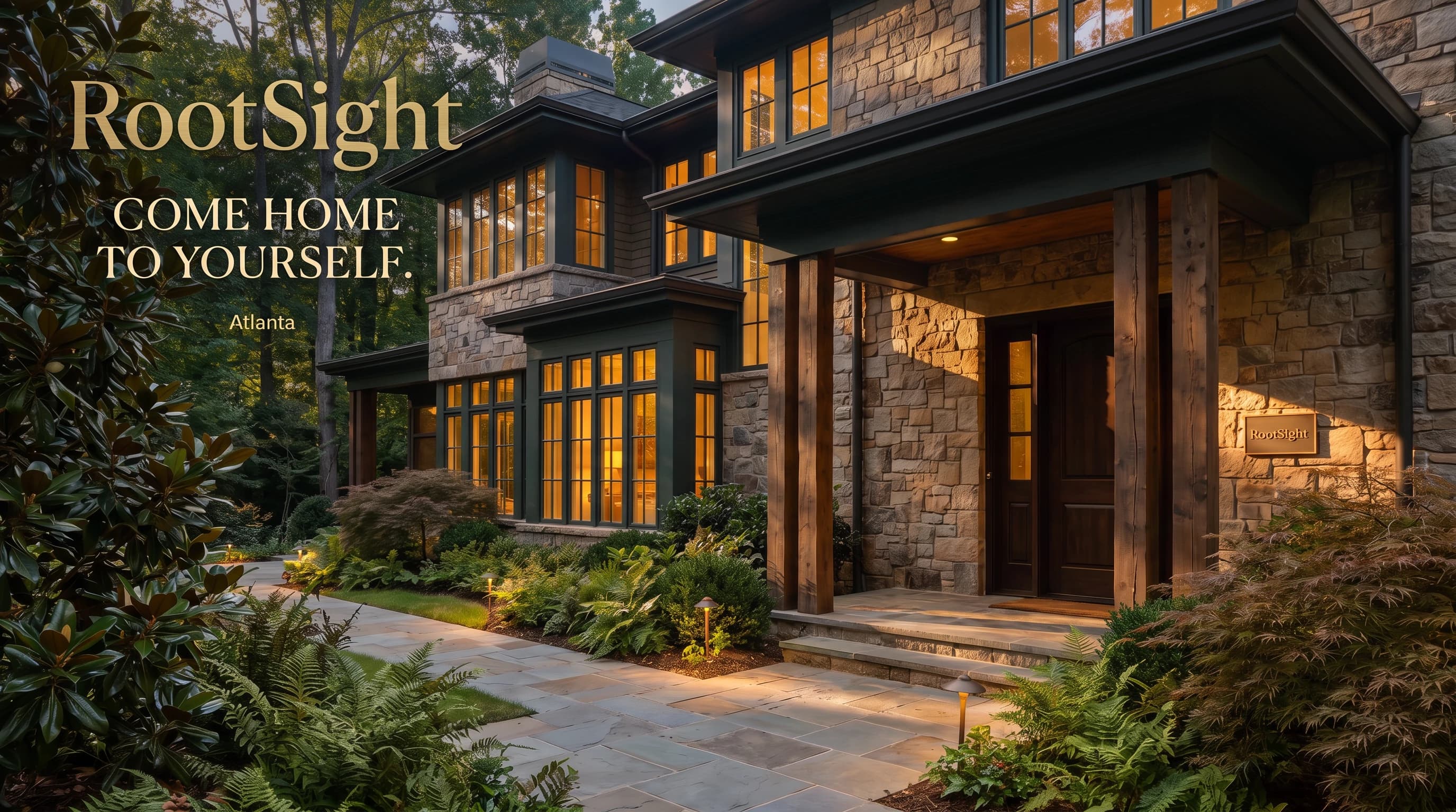 The warmly lit RootSight signature house, with the words Come home to yourself.